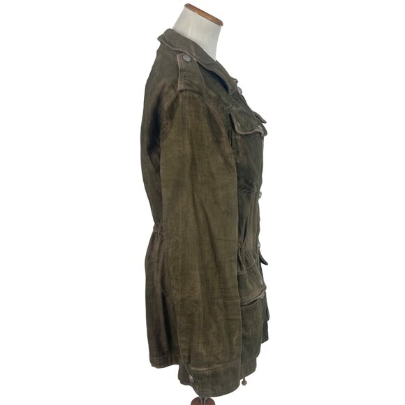 Free People Distressed Olive Button Front Relaxed Military Jacket Gorpcore Boho - Picture 9 of 16